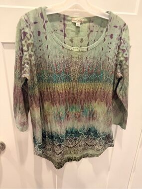 World Unity Sage Green Rhinestone Boho Print Tunic Top Large